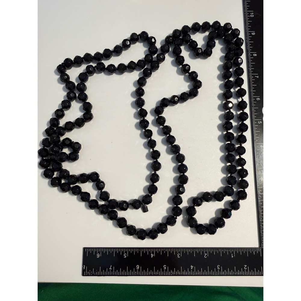 Vintage Faceted Black Glass Bead Long Knotted Strand Necklace 60 Inch Continuous